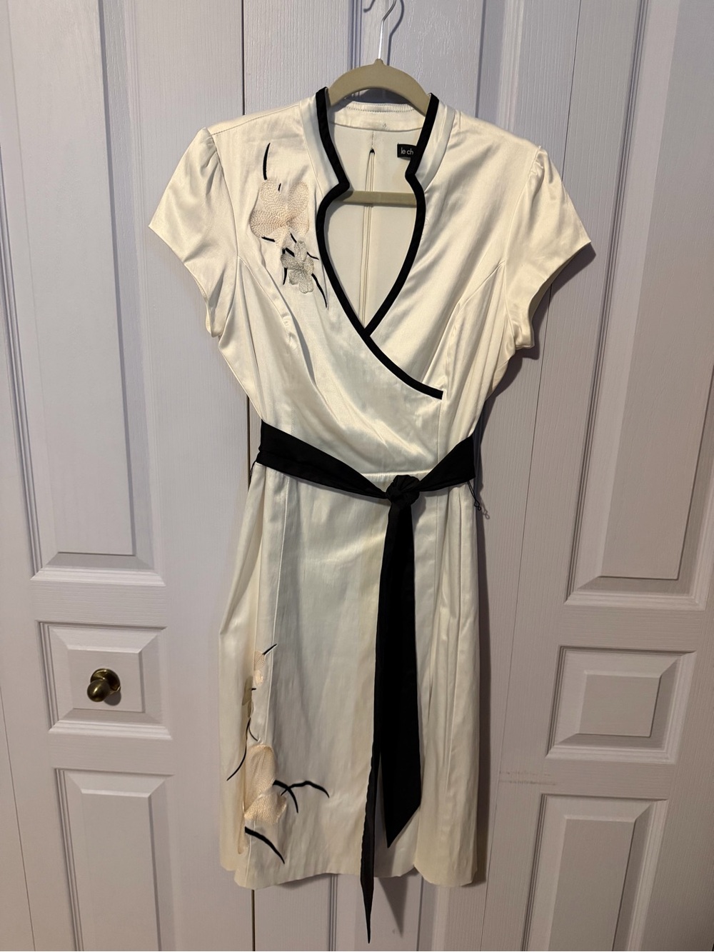 le chateau white cream Wrap-Style Midi Dress with Black Trim and Belt - Picture 1 of 7